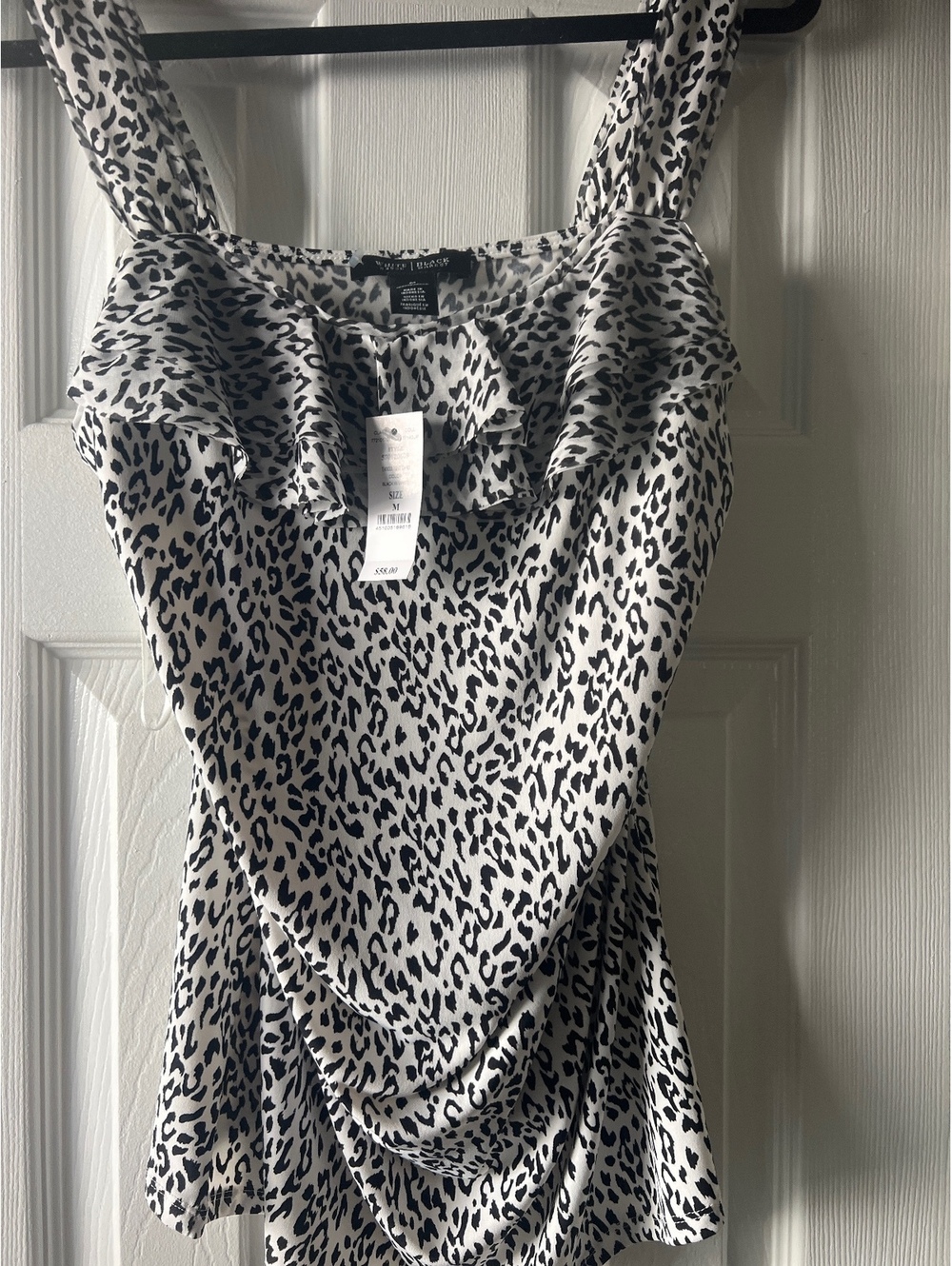 White House Black Market Women's Black and White Leopard Print Ruffled Neck Top,
